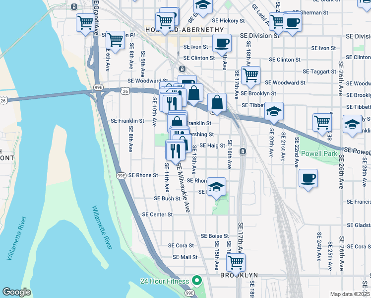 map of restaurants, bars, coffee shops, grocery stores, and more near 1196 Southeast Haig Street in Portland