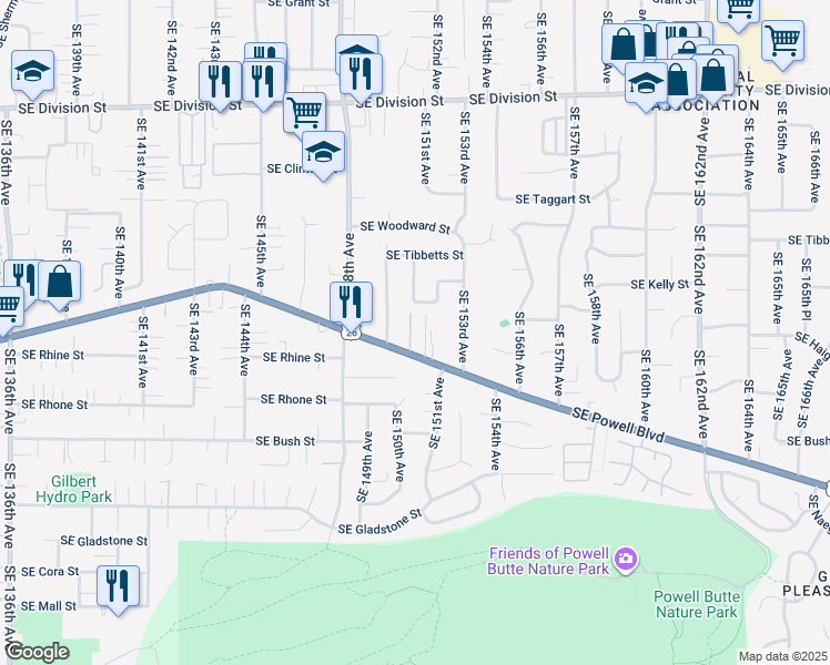map of restaurants, bars, coffee shops, grocery stores, and more near 15103 Southeast Powell Boulevard in Portland