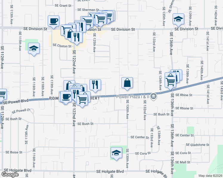 map of restaurants, bars, coffee shops, grocery stores, and more near 12713 Southeast Powell Boulevard in Portland