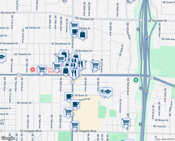 map of restaurants, bars, coffee shops, grocery stores, and more near 3337 Southeast 85th Avenue in Portland