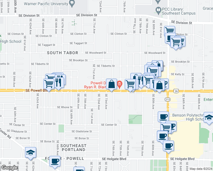 map of restaurants, bars, coffee shops, grocery stores, and more near 3415 Southeast 74th Avenue in Portland