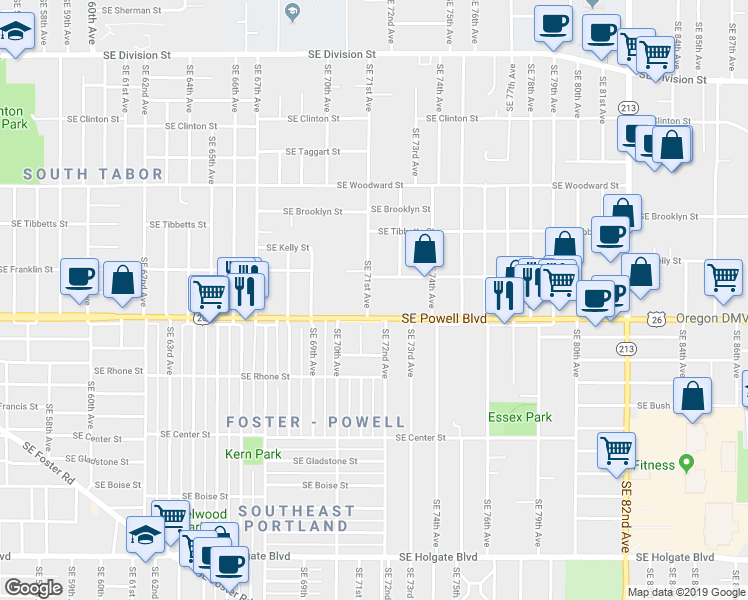 map of restaurants, bars, coffee shops, grocery stores, and more near 7123 Southeast Powell Boulevard in Portland