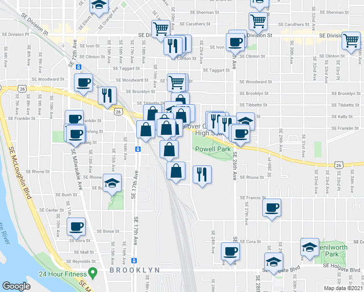 map of restaurants, bars, coffee shops, grocery stores, and more near 3404 Southeast 21st Avenue in Portland