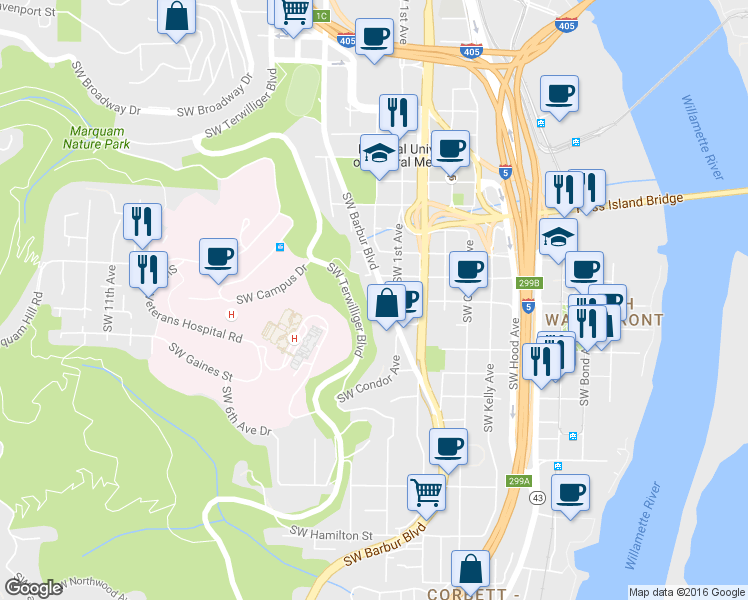 map of restaurants, bars, coffee shops, grocery stores, and more near 3425 Southwest Barbur Boulevard in Portland