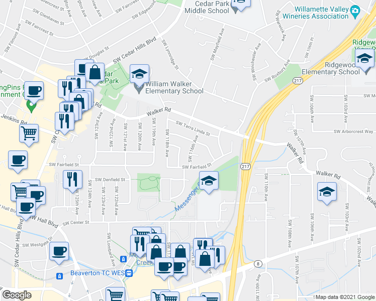 map of restaurants, bars, coffee shops, grocery stores, and more near 3045 Southwest 116th Avenue in Beaverton