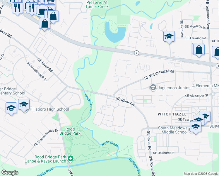 map of restaurants, bars, coffee shops, grocery stores, and more near 3567 Southeast River Road in Hillsboro