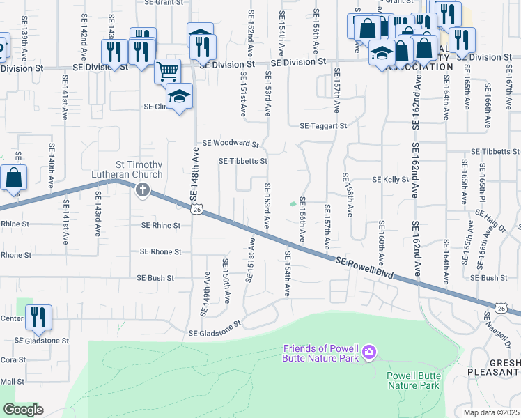 map of restaurants, bars, coffee shops, grocery stores, and more near 3403 Southeast 153rd Avenue in Portland