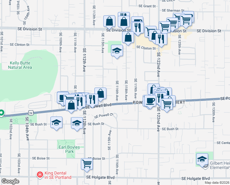 map of restaurants, bars, coffee shops, grocery stores, and more near 3323 Southeast 116th Avenue in Portland