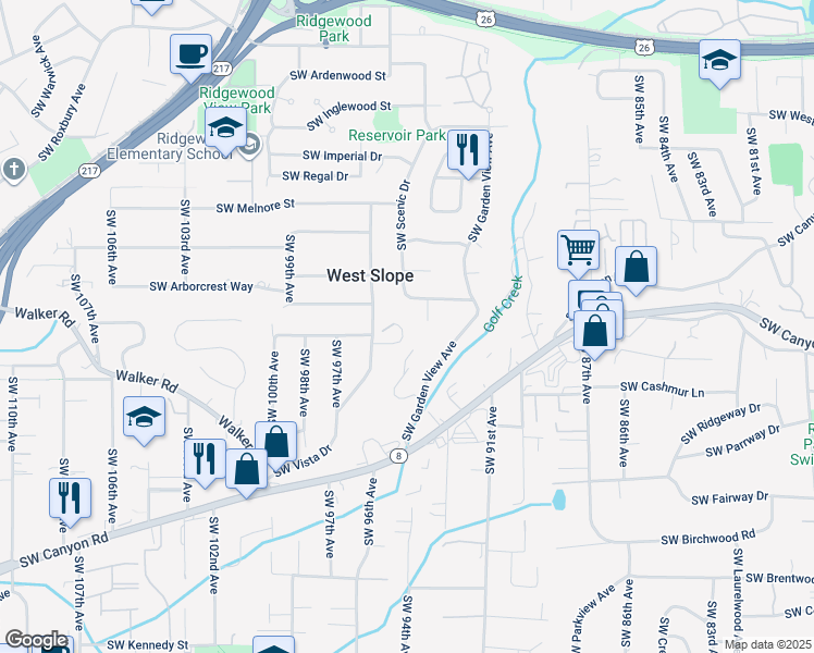 map of restaurants, bars, coffee shops, grocery stores, and more near 9420 Southwest Malcolm Glen Street in Portland