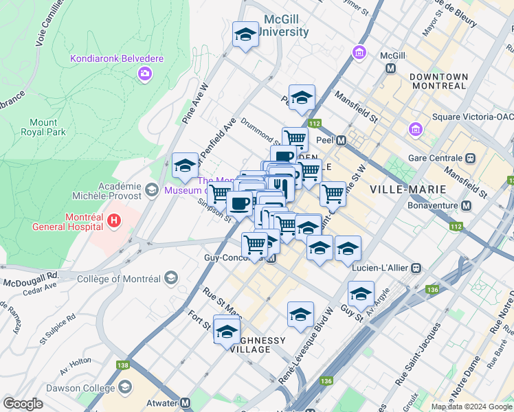 map of restaurants, bars, coffee shops, grocery stores, and more near 1420 Sherbrooke Street West in Montreal