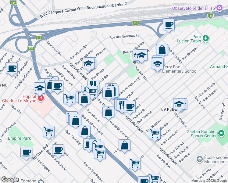 map of restaurants, bars, coffee shops, grocery stores, and more near 1904 Rue King in Longueuil