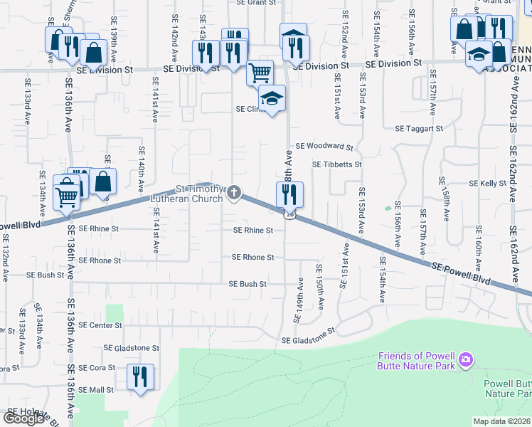 map of restaurants, bars, coffee shops, grocery stores, and more near 14718 Southeast Powell Boulevard in Portland