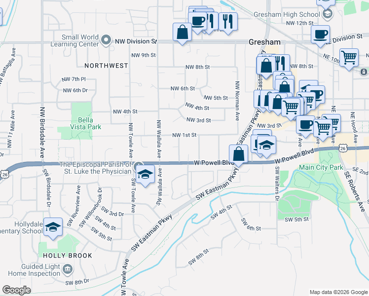 map of restaurants, bars, coffee shops, grocery stores, and more near 64 Northwest Florence Avenue in Gresham