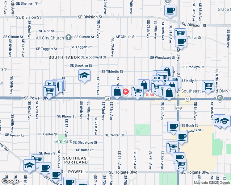 map of restaurants, bars, coffee shops, grocery stores, and more near 3415 Southeast 74th Avenue in Portland