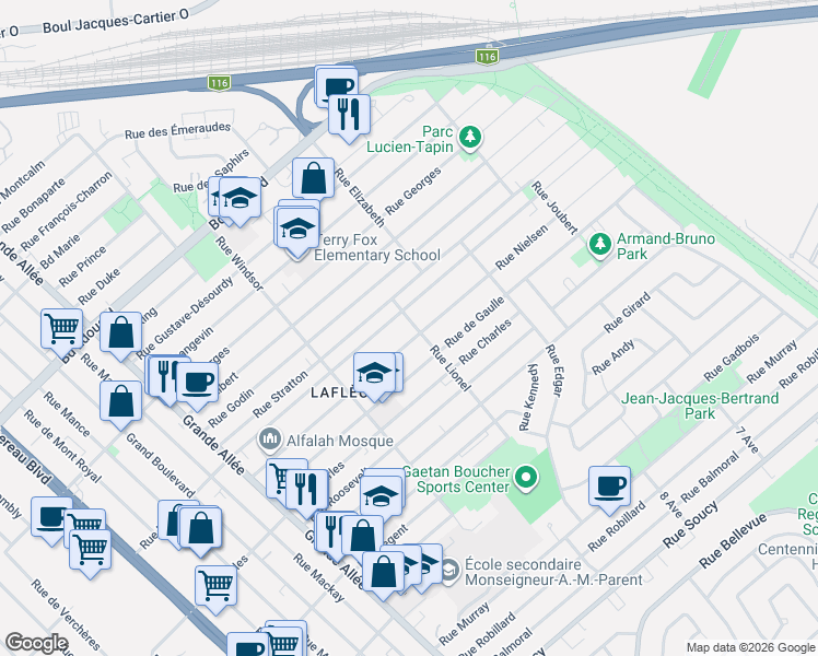 map of restaurants, bars, coffee shops, grocery stores, and more near 3504 Rue Lionel in Longueuil