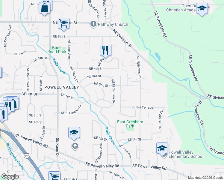 map of restaurants, bars, coffee shops, grocery stores, and more near 4191 Northeast El Camino Drive in Gresham