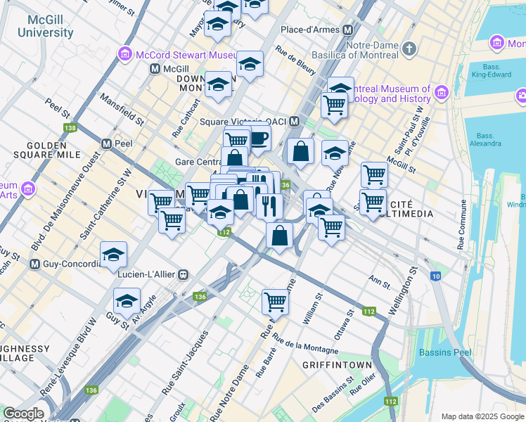 map of restaurants, bars, coffee shops, grocery stores, and more near in Montreal