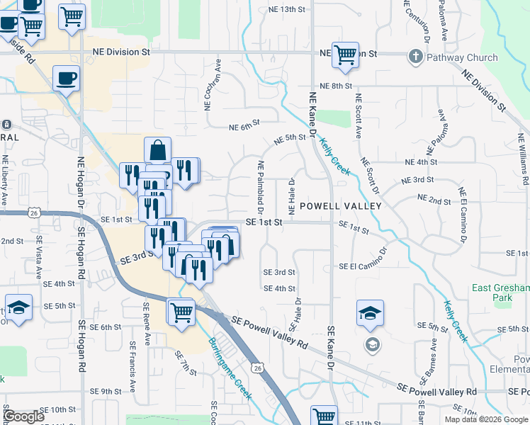 map of restaurants, bars, coffee shops, grocery stores, and more near 20 Northeast Palmblad Drive in Gresham