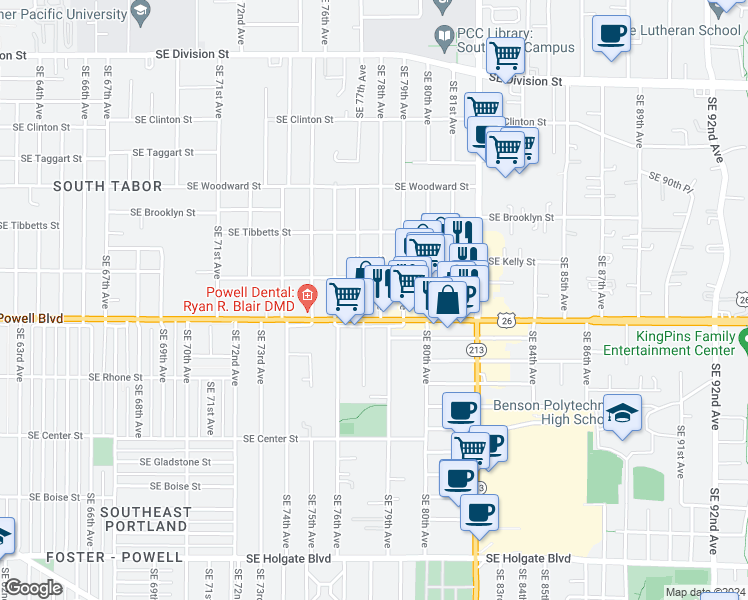 map of restaurants, bars, coffee shops, grocery stores, and more near 3405 Southeast 78th Avenue in Portland