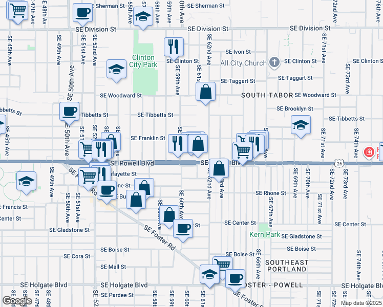 map of restaurants, bars, coffee shops, grocery stores, and more near 5940 Southeast Haig Street in Portland