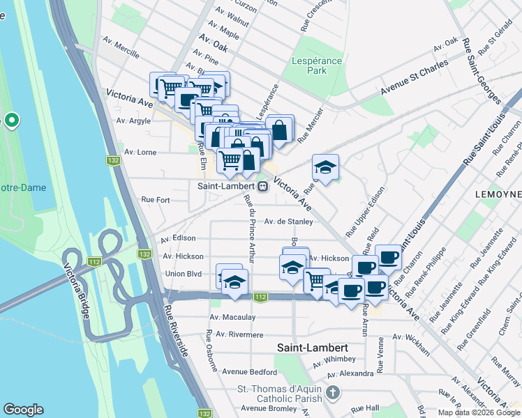map of restaurants, bars, coffee shops, grocery stores, and more near 213 Avenue Saint-Laurent in Saint-Lambert