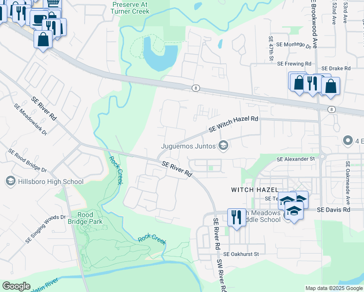 map of restaurants, bars, coffee shops, grocery stores, and more near 2900 Southeast 38th Court in Hillsboro