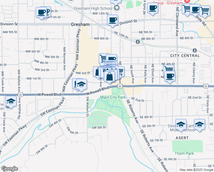 map of restaurants, bars, coffee shops, grocery stores, and more near 43 Powell Boulevard in Gresham