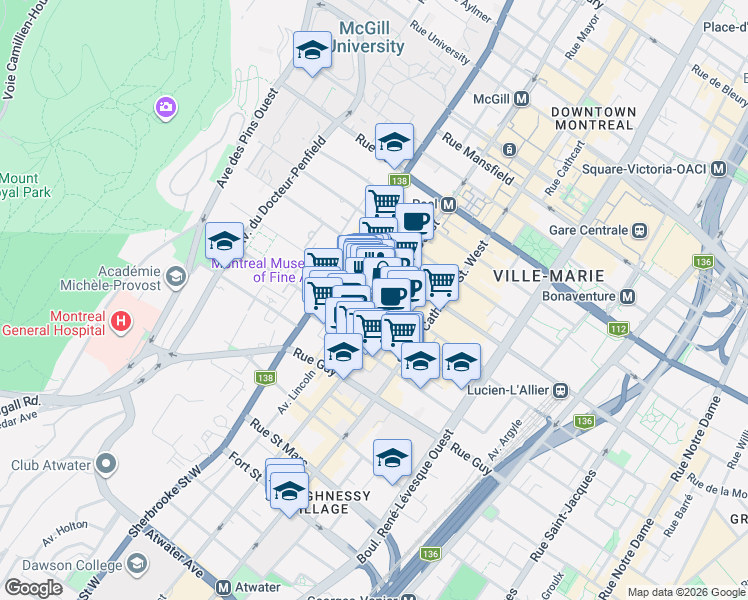 map of restaurants, bars, coffee shops, grocery stores, and more near 2010 Rue Crescent in Montréal