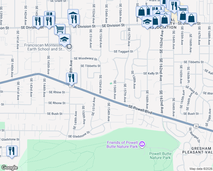map of restaurants, bars, coffee shops, grocery stores, and more near 3324 Southeast 153rd Avenue in Portland