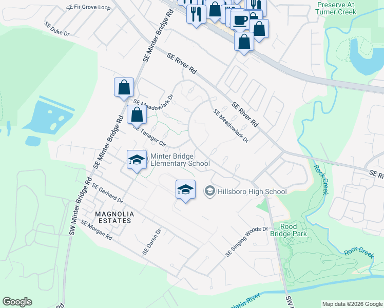 map of restaurants, bars, coffee shops, grocery stores, and more near 2926 Southeast Bluebird Drive in Hillsboro