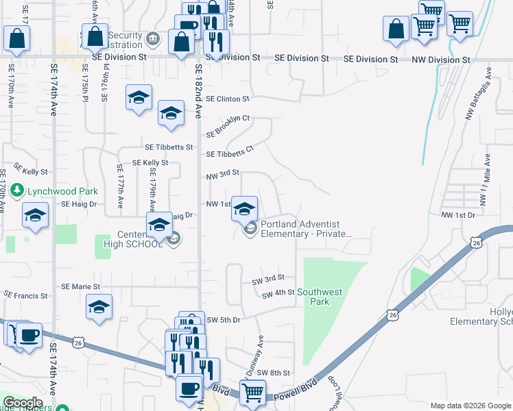 map of restaurants, bars, coffee shops, grocery stores, and more near 105 Northwest Phyllis Court in Gresham