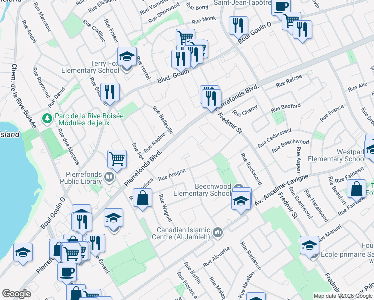 map of restaurants, bars, coffee shops, grocery stores, and more near 4493 Rue Kingston in Montréal