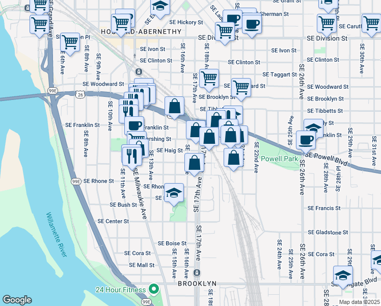 map of restaurants, bars, coffee shops, grocery stores, and more near 3404 Southeast 16th Avenue in Portland