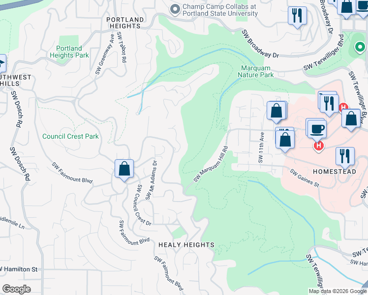 map of restaurants, bars, coffee shops, grocery stores, and more near 3450 Southwest Sherwood Place in Portland
