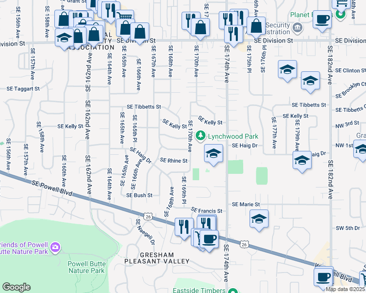 map of restaurants, bars, coffee shops, grocery stores, and more near 16915 Southeast Haig Street in Portland