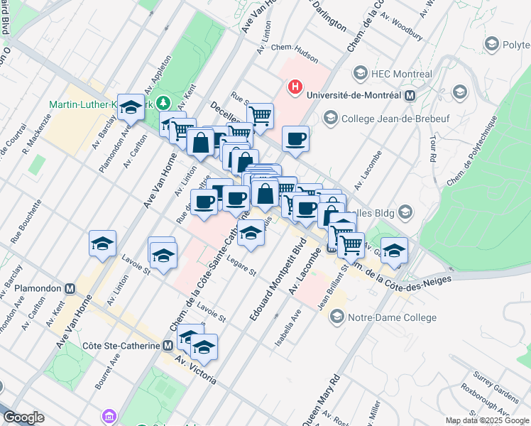 map of restaurants, bars, coffee shops, grocery stores, and more near 3705 Avenue Dupuis in Montréal