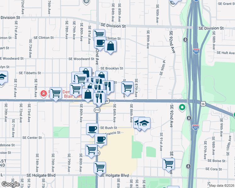 map of restaurants, bars, coffee shops, grocery stores, and more near 3336 Southeast 84th Avenue in Portland