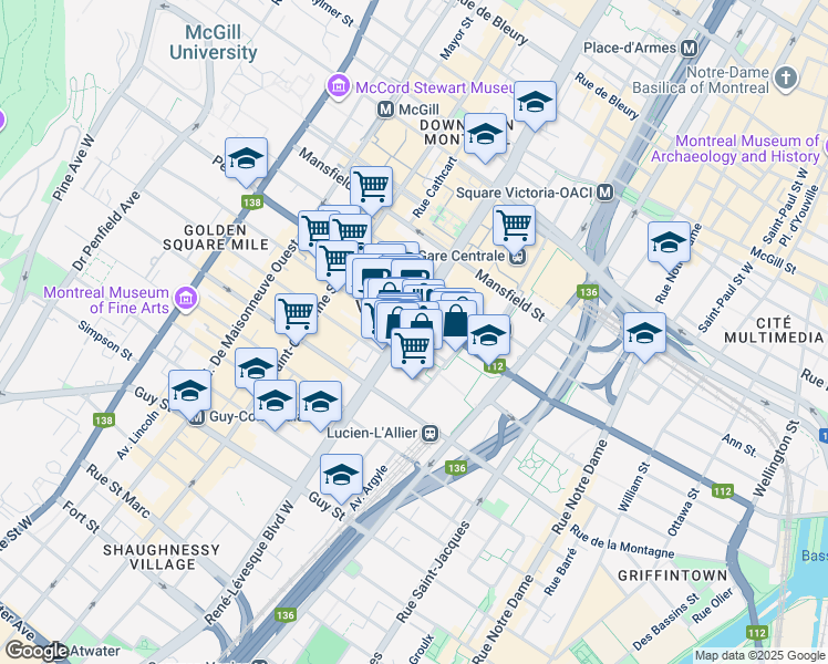 map of restaurants, bars, coffee shops, grocery stores, and more near 1100 Boulevard René-Lévesque Ouest in Montréal