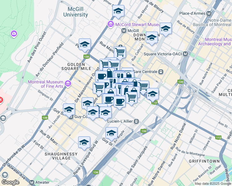 map of restaurants, bars, coffee shops, grocery stores, and more near 1211 Rue Drummond in Montréal