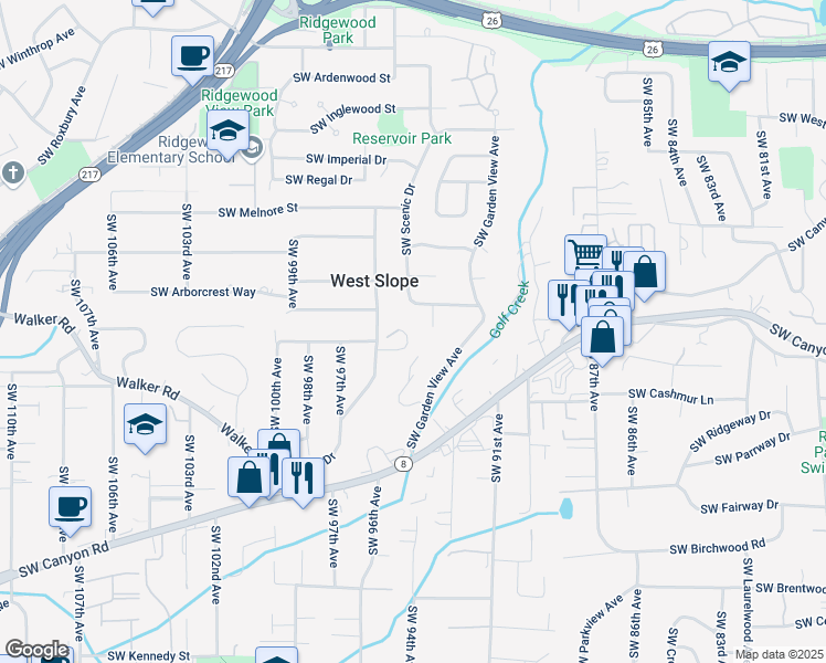 map of restaurants, bars, coffee shops, grocery stores, and more near 9420 Southwest Malcolm Glen Street in Portland