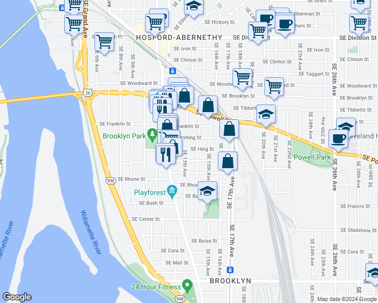 map of restaurants, bars, coffee shops, grocery stores, and more near 1306 Southeast Haig Street in Portland