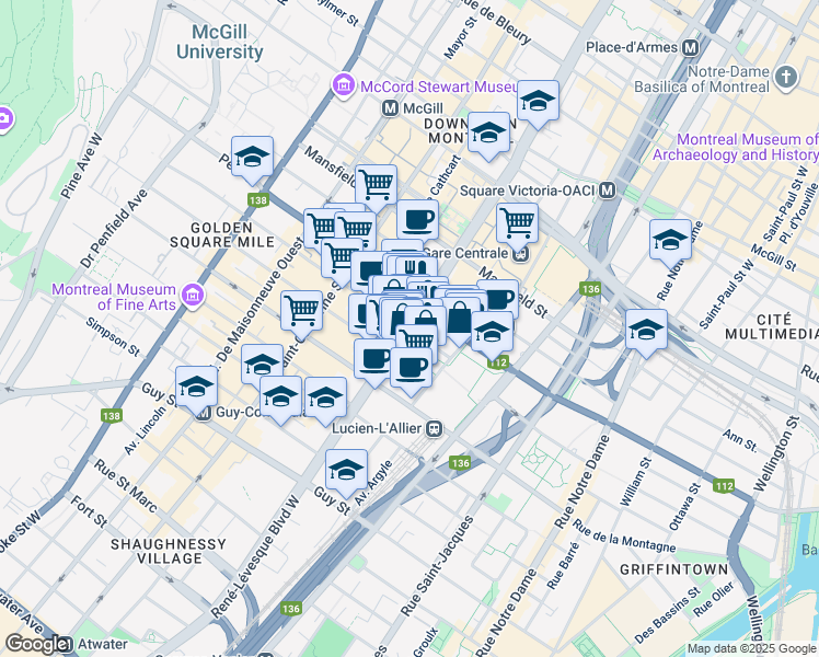 map of restaurants, bars, coffee shops, grocery stores, and more near 1150 Boulevard René-Lévesque Ouest in Montréal