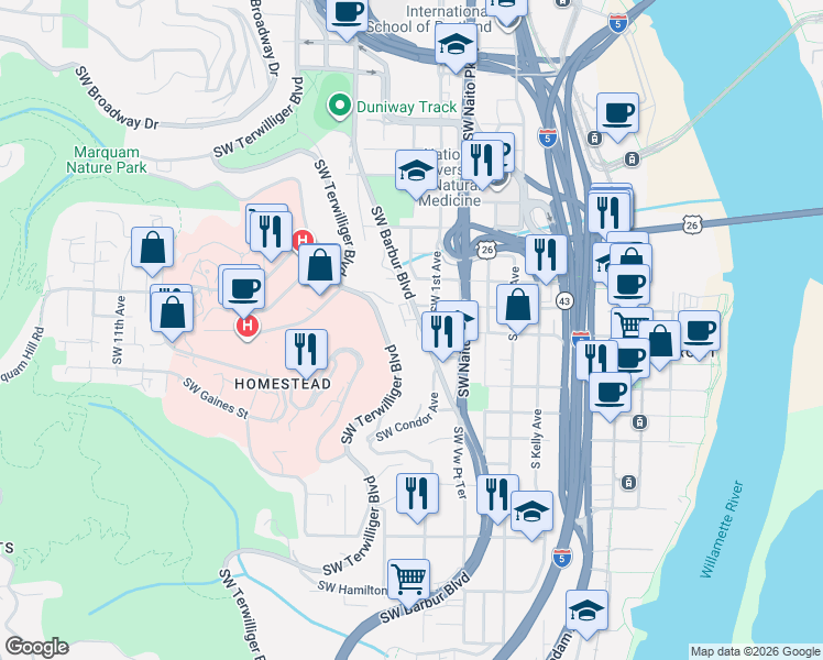 map of restaurants, bars, coffee shops, grocery stores, and more near 3425 Southwest Barbur Boulevard in Portland