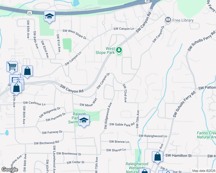 map of restaurants, bars, coffee shops, grocery stores, and more near 3030 Southwest Grace Lane in Portland