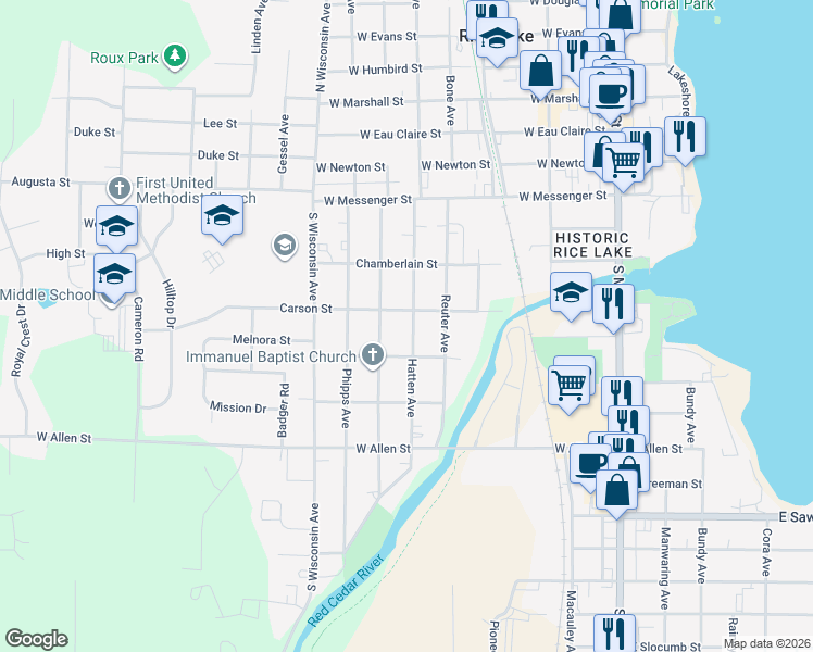 map of restaurants, bars, coffee shops, grocery stores, and more near 212 Hatten Avenue in Rice Lake