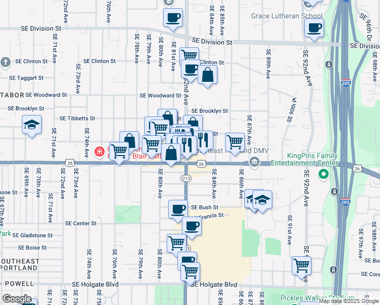 map of restaurants, bars, coffee shops, grocery stores, and more near 3330 Southeast 82nd Avenue in Portland