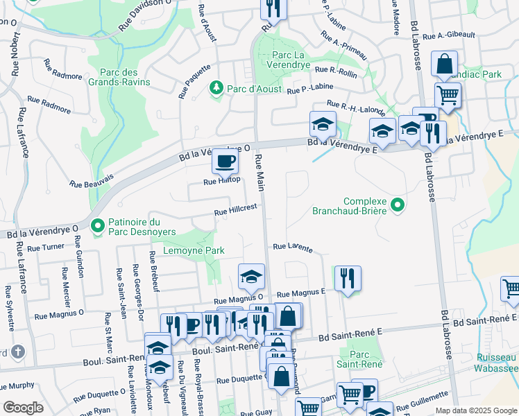 map of restaurants, bars, coffee shops, grocery stores, and more near 154 Rue Hillcrest in Gatineau