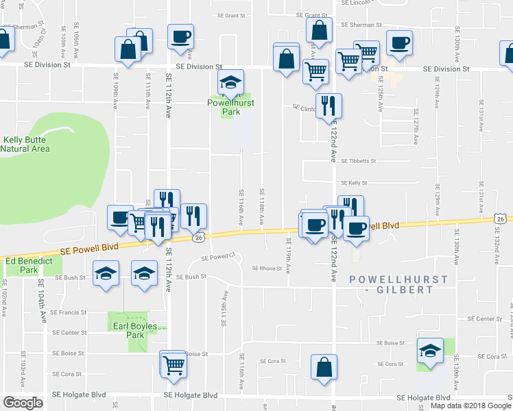 map of restaurants, bars, coffee shops, grocery stores, and more near 3315 Southeast 118th Avenue in Portland