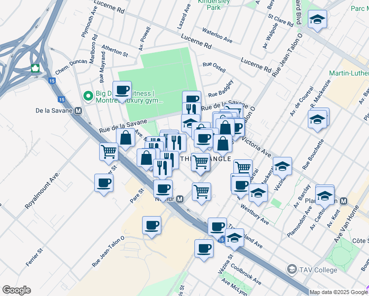 map of restaurants, bars, coffee shops, grocery stores, and more near 5070 Rue Paré in Montréal
