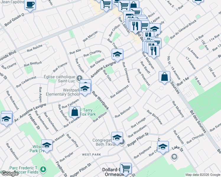 map of restaurants, bars, coffee shops, grocery stores, and more near 9 Rue Trianon in Dollard-des-Ormeaux